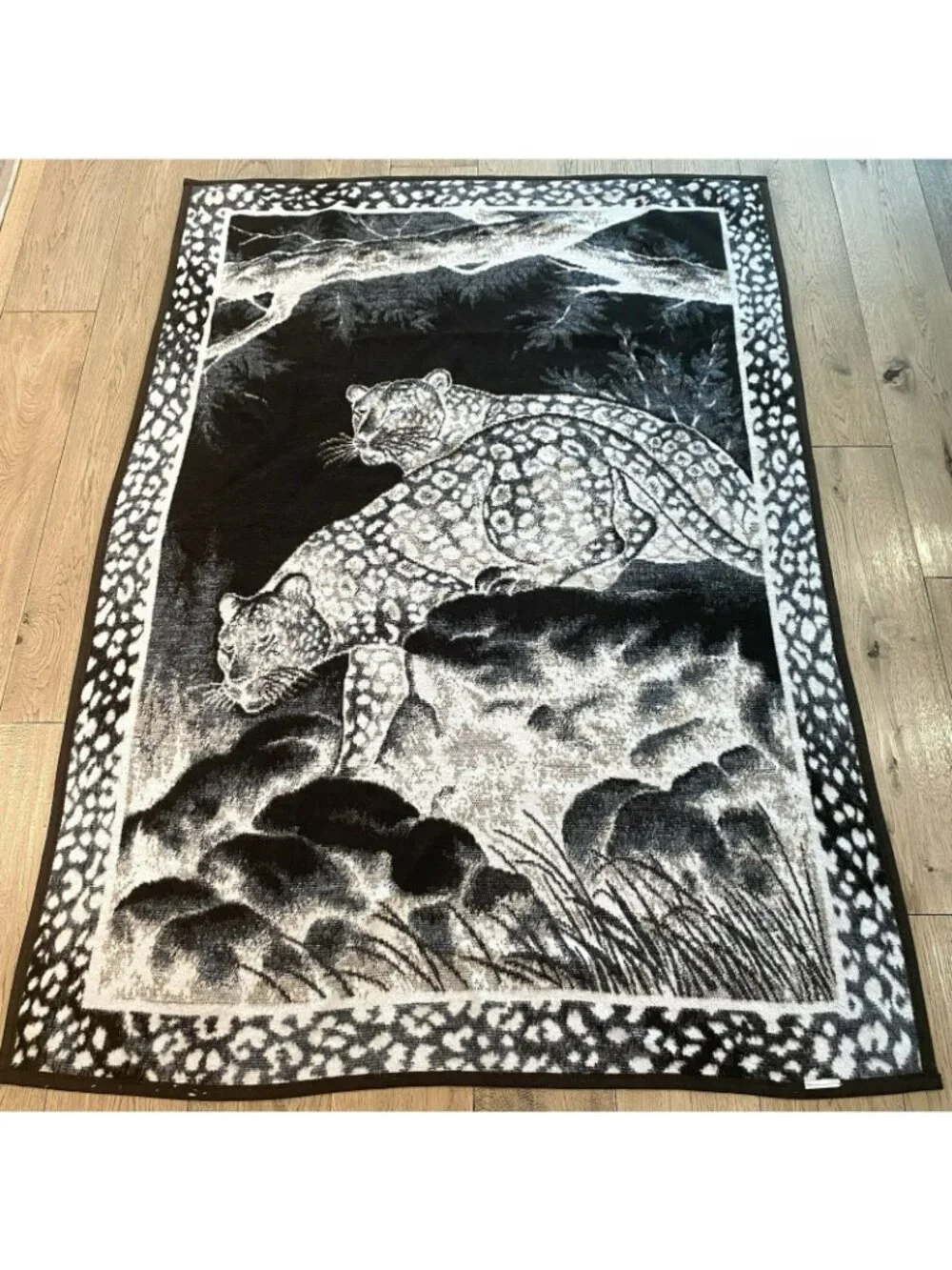 Vintage Biederlack Acrylic Blanket Leopard Jaguar Graphic 73x53 Made in USA